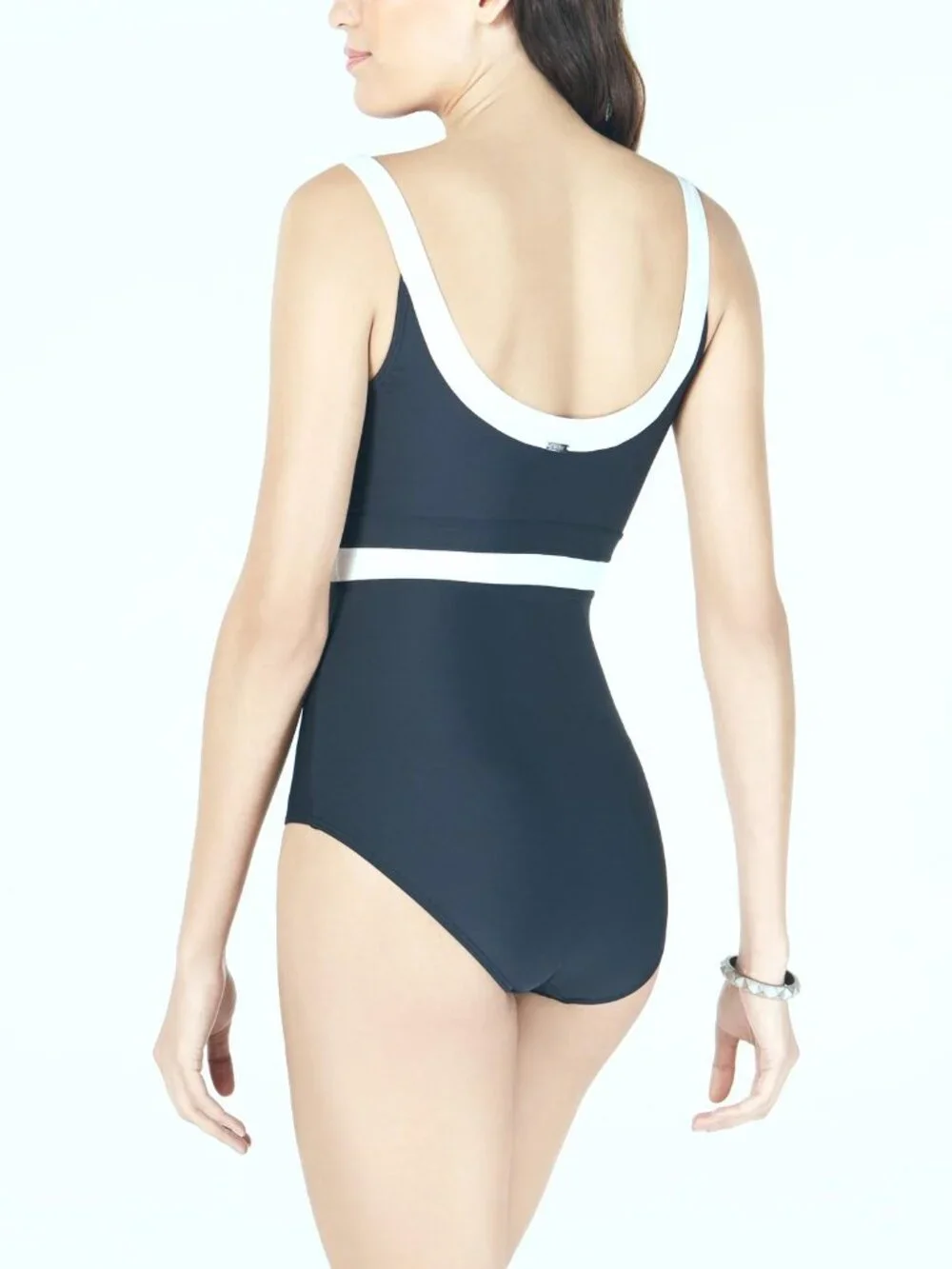 DKNY Compression Fit Tummy Control One Piece Swimsuit Navy Blue White Sz 8 NWT - Picture 3 of 7